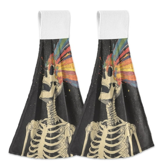 Yayeee Kitchen Hanging Hand Towels Set of 2 with Loop Bathroom Absorbent Tie Towel, Black Skeleton