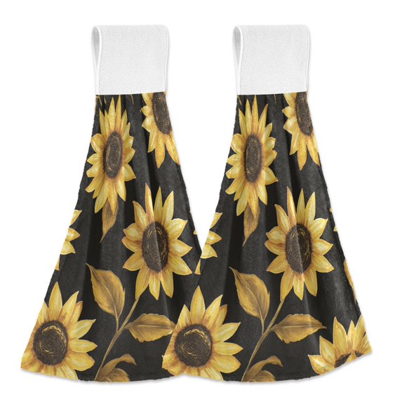Yayeee Kitchen Hanging Hand Towels Set of 2 with Loop Bathroom Absorbent Tie Towel, Black Sunflower Pattern