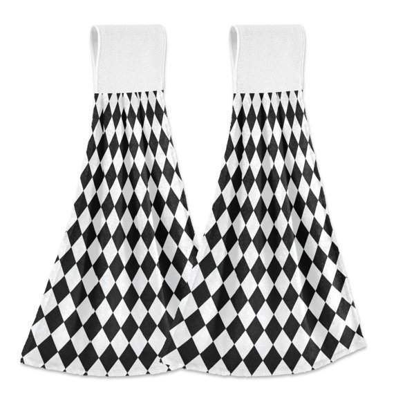 Yayeee Kitchen Hanging Hand Towels Set of 2 with Loop Bathroom Absorbent Tie Towel, Black and White Geometric