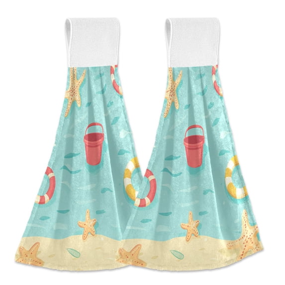 Yayeee Kitchen Hanging Hand Towels Set of 2 with Loop Bathroom Absorbent Tie Towel, Blue Beach Pattern