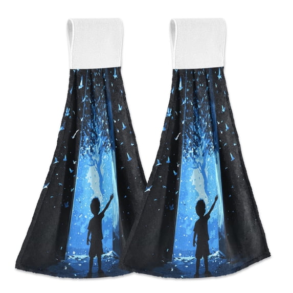 Yayeee Kitchen Hanging Hand Towels Set of 2 with Loop Bathroom Absorbent Tie Towel, Blue Butterfly