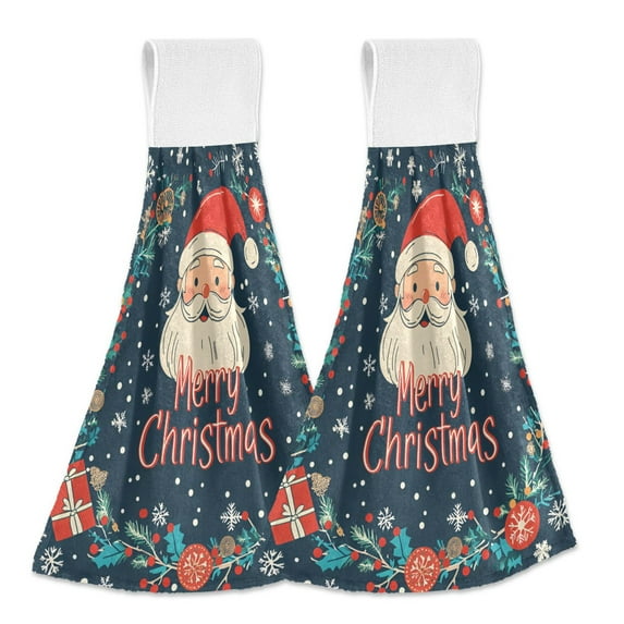 Yayeee Kitchen Hanging Hand Towels Set of 2 with Loop Bathroom Absorbent Tie Towel, Blue Christmas Santa