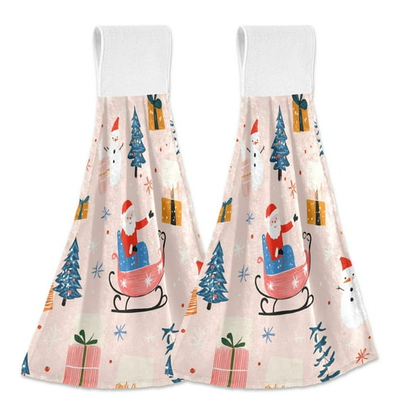 Yayeee Kitchen Hanging Hand Towels Set of 2 with Loop Bathroom Absorbent Tie Towel, Blue Christmas Santa
