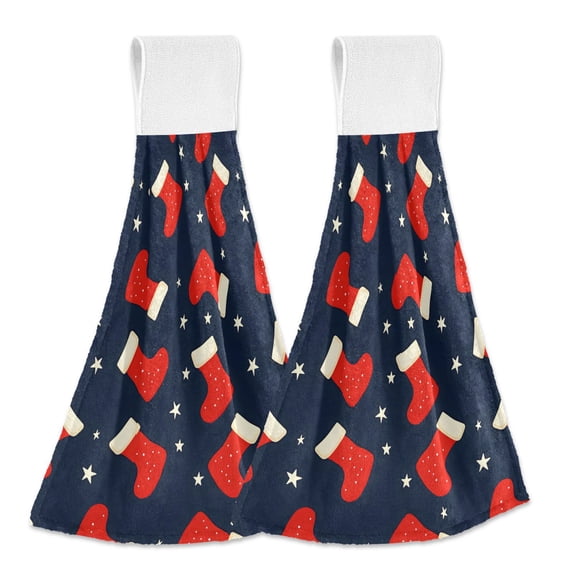 Yayeee Kitchen Hanging Hand Towels Set of 2 with Loop Bathroom Absorbent Tie Towel, Blue Christmas Socks Pattern