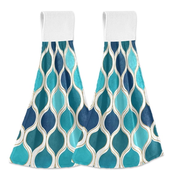 Yayeee Kitchen Hanging Hand Towels Set of 2 with Loop Bathroom Absorbent Tie Towel, Blue Geometric Pattern
