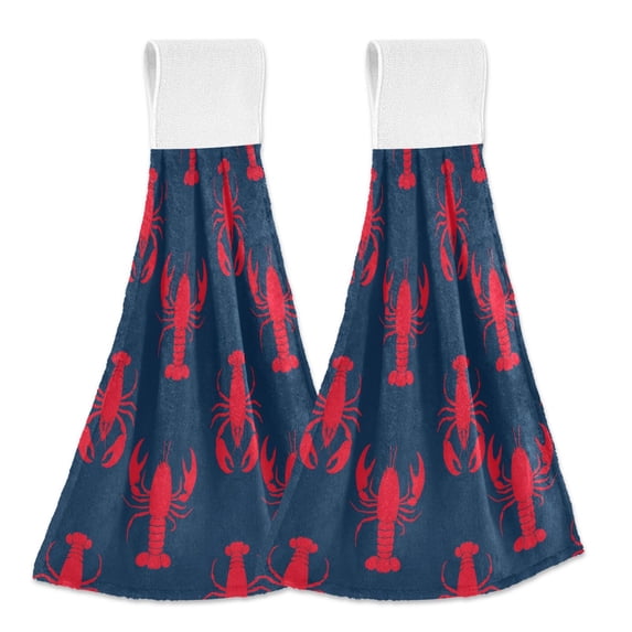 Yayeee Kitchen Hanging Hand Towels Set of 2 with Loop Bathroom Absorbent Tie Towel, Blue Lobster Pattern