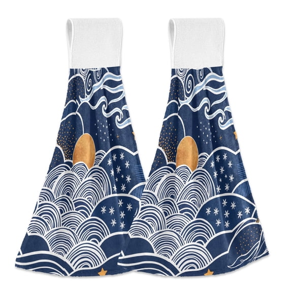 Yayeee Kitchen Hanging Hand Towels Set of 2 with Loop Bathroom Absorbent Tie Towel, Blue Night Sky