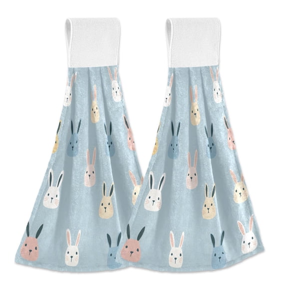 Yayeee Kitchen Hanging Hand Towels Set of 2 with Loop Bathroom Absorbent Tie Towel, Blue Rabbits