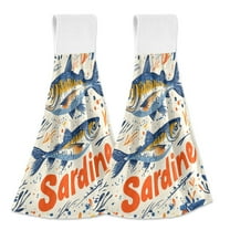 Yayeee Kitchen Hanging Hand Towels Set of 2 with Loop Bathroom Absorbent Tie Towel, Blue Sardines Pattern