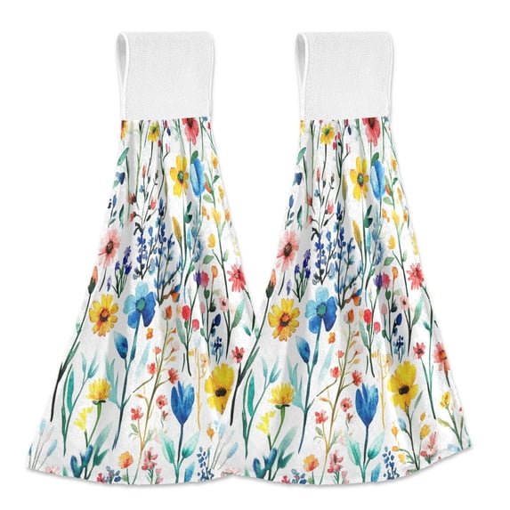 Yayeee Kitchen Hanging Hand Towels Set of 2 with Loop Bathroom Absorbent Tie Towel, Blue Wildflower Pattern