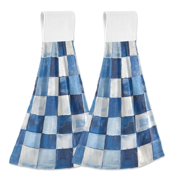 Yayeee Kitchen Hanging Hand Towels Set of 2 with Loop Bathroom Absorbent Tie Towel, Blue and Gray Plaid Pattern