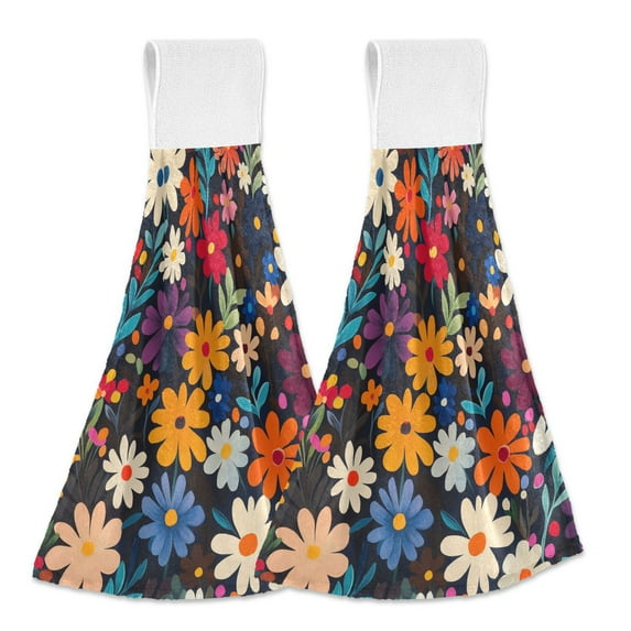 Yayeee Kitchen Hanging Hand Towels Set of 2 with Loop Bathroom Absorbent Tie Towel, Bright Colorful Flowers Pattern