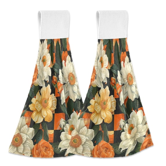 Yayeee Kitchen Hanging Hand Towels Set of 2 with Loop Bathroom Absorbent Tie Towel, Bright Floral