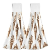 Yayeee Kitchen Hanging Hand Towels Set of 2 with Loop Bathroom Absorbent Tie Towel, Brown Ice Cream Pattern