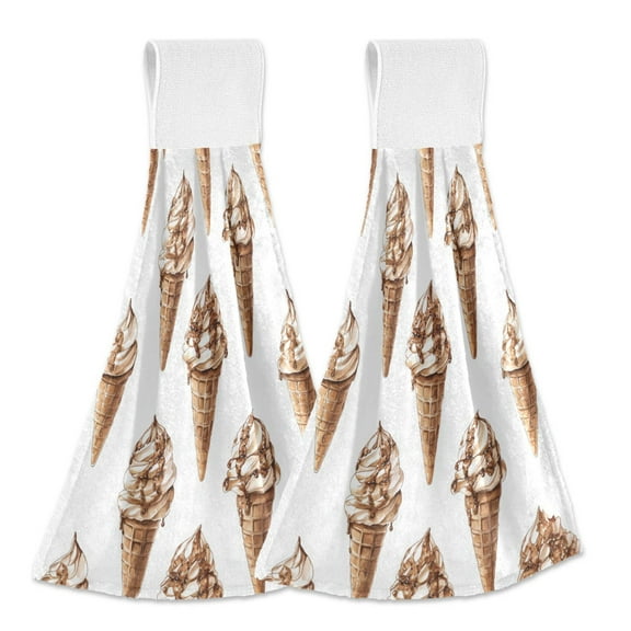 Yayeee Kitchen Hanging Hand Towels Set of 2 with Loop Bathroom Absorbent Tie Towel, Brown Ice Cream Pattern