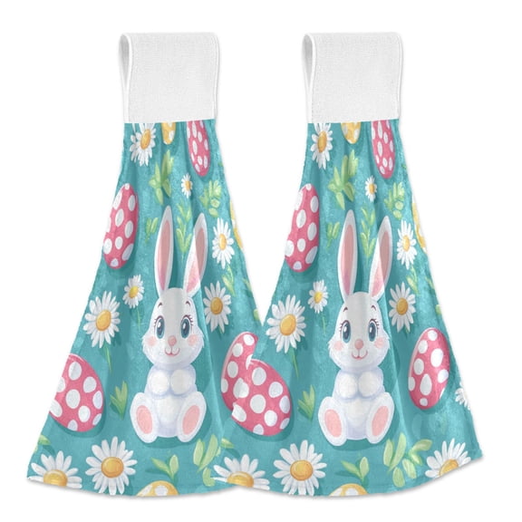 Yayeee Kitchen Hanging Hand Towels Set of 2 with Loop Bathroom Absorbent Tie Towel, Cartoon Easter Bunny
