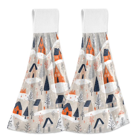Yayeee Kitchen Hanging Hand Towels Set of 2 with Loop Bathroom Absorbent Tie Towel, Cartoon Gray Houses