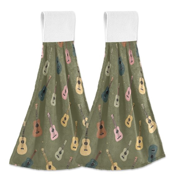 Yayeee Kitchen Hanging Hand Towels Set of 2 with Loop Bathroom Absorbent Tie Towel, Cartoon Guitar Pattern