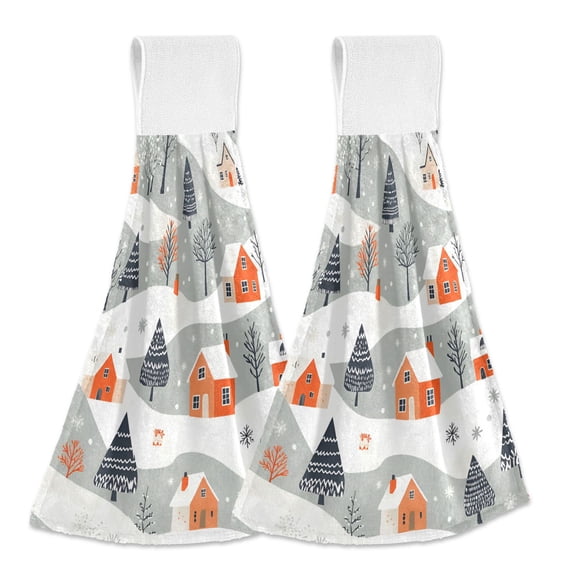 Yayeee Kitchen Hanging Hand Towels Set of 2 with Loop Bathroom Absorbent Tie Towel, Cartoon Orange Houses
