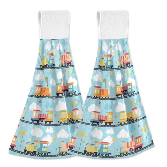 Yayeee Kitchen Hanging Hand Towels Set of 2 with Loop Bathroom Absorbent Tie Towel, Cartoon Train Pattern