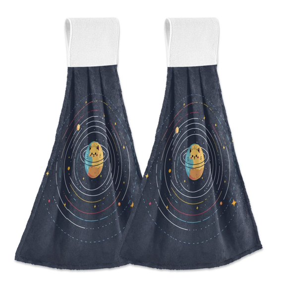 Yayeee Kitchen Hanging Hand Towels Set of 2 with Loop Bathroom Absorbent Tie Towel, Cat Planet