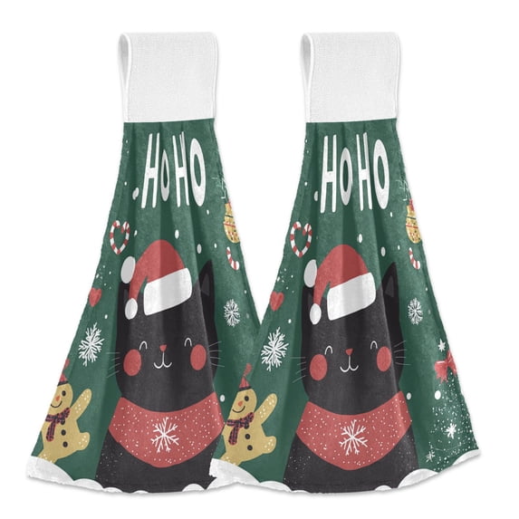Yayeee Kitchen Hanging Hand Towels Set of 2 with Loop Bathroom Absorbent Tie Towel, Christmas Cat