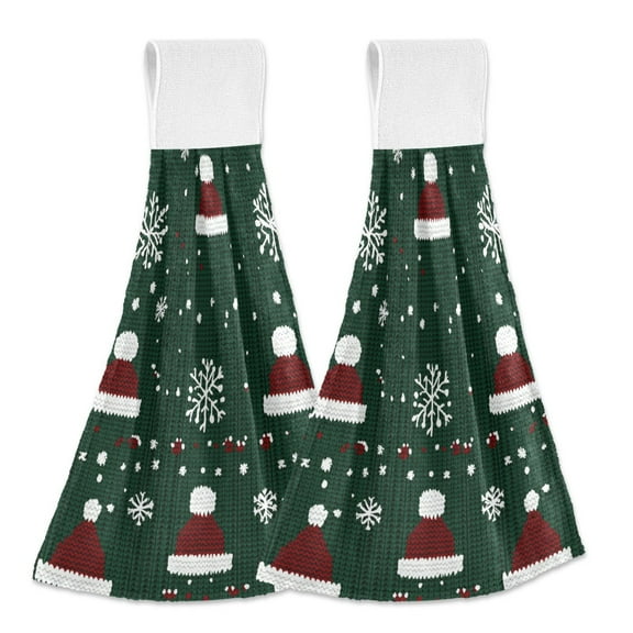 Yayeee Kitchen Hanging Hand Towels Set of 2 with Loop Bathroom Absorbent Tie Towel, Christmas Santa Hats