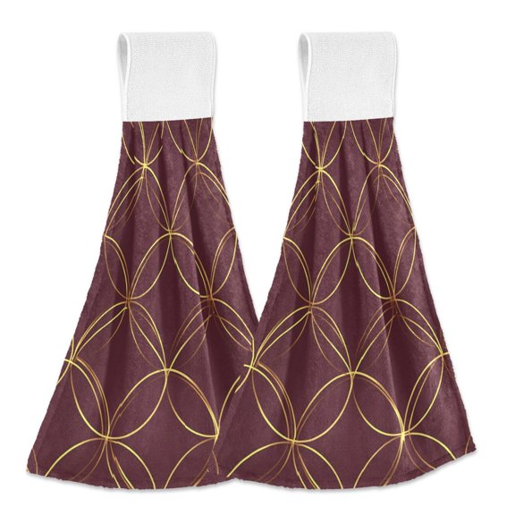 Yayeee Kitchen Hanging Hand Towels Set of 2 with Loop Bathroom Absorbent Tie Towel, Circular Gold Pattern