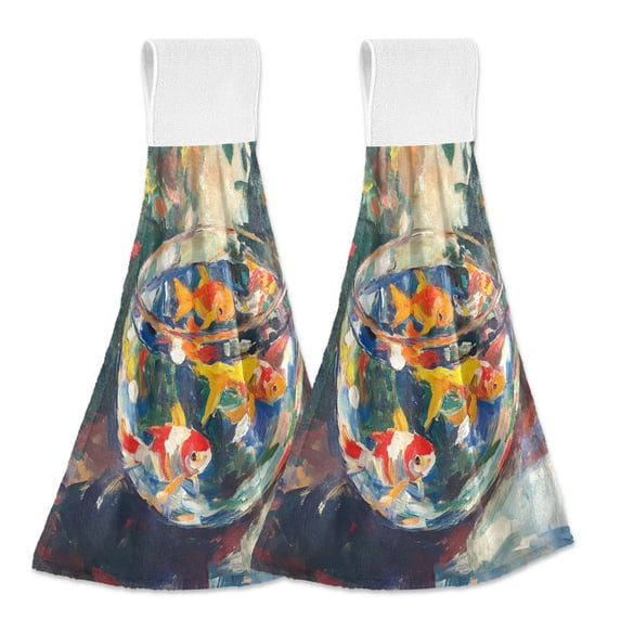 Yayeee Kitchen Hanging Hand Towels Set of 2 with Loop Bathroom Absorbent Tie Towel, Colorful Goldfish