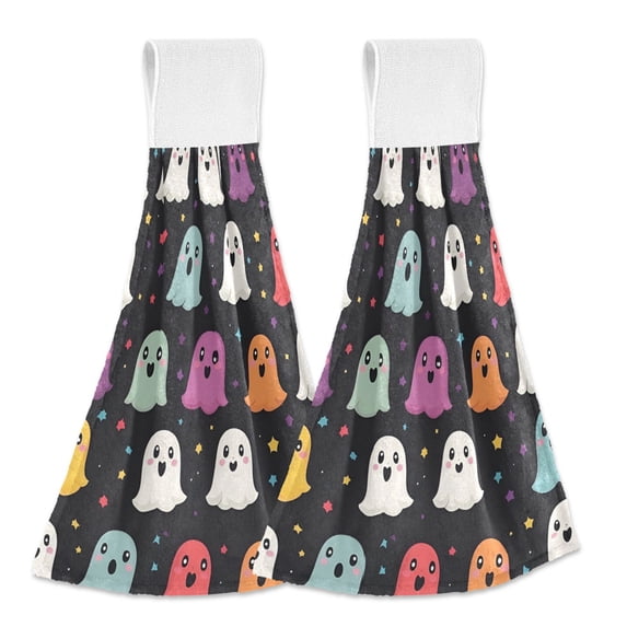 Yayeee Kitchen Hanging Hand Towels Set of 2 with Loop Bathroom Absorbent Tie Towel, Colorful Halloween Ghost