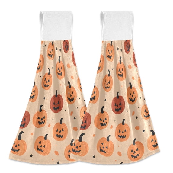 Yayeee Kitchen Hanging Hand Towels Set of 2 with Loop Bathroom Absorbent Tie Towel, Colorful Halloween Pumpkin Pattern