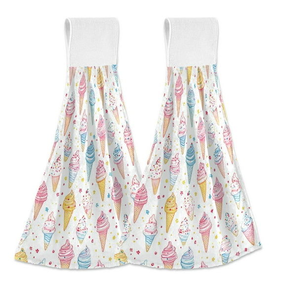 Yayeee Kitchen Hanging Hand Towels Set of 2 with Loop Bathroom Absorbent Tie Towel, Colorful Ice Cream Pattern