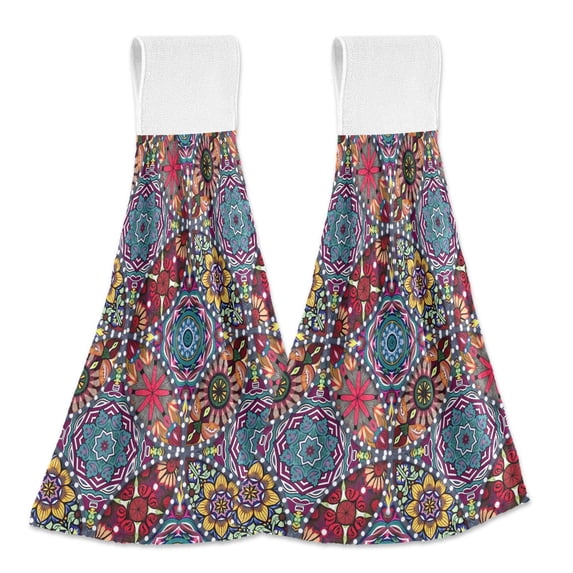 Yayeee Kitchen Hanging Hand Towels Set of 2 with Loop Bathroom Absorbent Tie Towel, Colorful Mandala Pattern