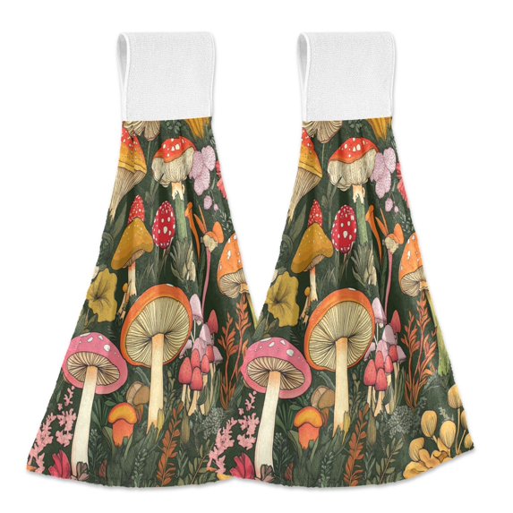 Yayeee Kitchen Hanging Hand Towels Set of 2 with Loop Bathroom Absorbent Tie Towel, Colorful Mushroom