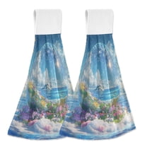 Yayeee Kitchen Hanging Hand Towels Set of 2 with Loop Bathroom Absorbent Tie Towel, Crystal Ocean
