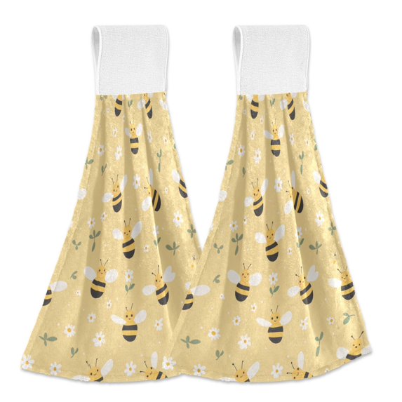Yayeee Kitchen Hanging Hand Towels Set of 2 with Loop Bathroom Absorbent Tie Towel, Cute Bee Pattern