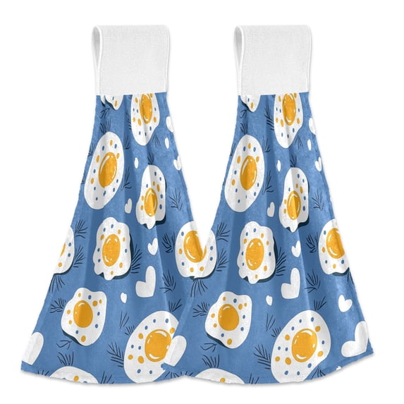 Yayeee Kitchen Hanging Hand Towels Set of 2 with Loop Bathroom Absorbent Tie Towel, Cute Fried Eggs