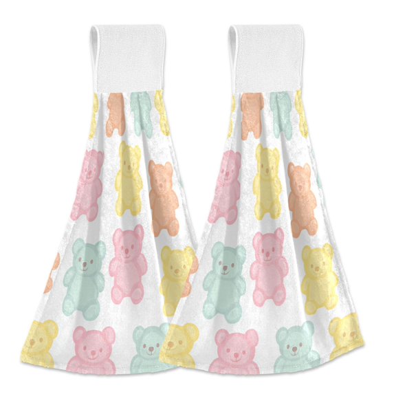 Yayeee Kitchen Hanging Hand Towels Set of 2 with Loop Bathroom Absorbent Tie Towel, Cute Gummy Bears Pattern