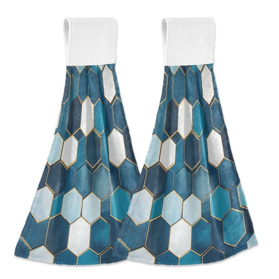 Yayeee Kitchen Hanging Hand Towels Set of 2 with Loop Bathroom Absorbent Tie Towel, Dark Blue Hexagon Patterns
