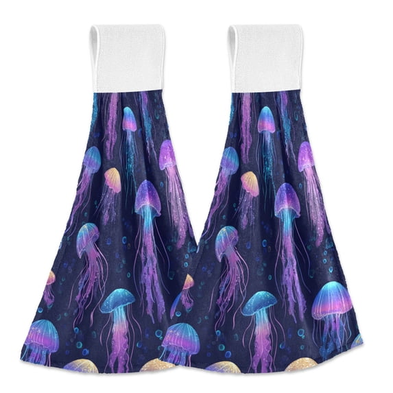 Yayeee Kitchen Hanging Hand Towels Set of 2 with Loop Bathroom Absorbent Tie Towel, Dark Blue Jellyfish Pattern