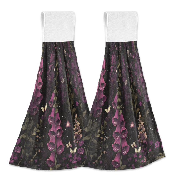 Yayeee Kitchen Hanging Hand Towels Set of 2 with Loop Bathroom Absorbent Tie Towel, Dark Purple Floral Pattern