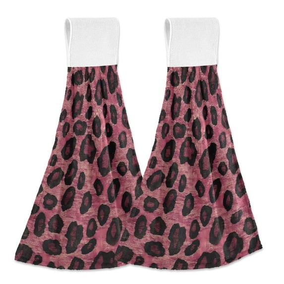 Yayeee Kitchen Hanging Hand Towels Set of 2 with Loop Bathroom Absorbent Tie Towel, Deep Red Leopard Pattern
