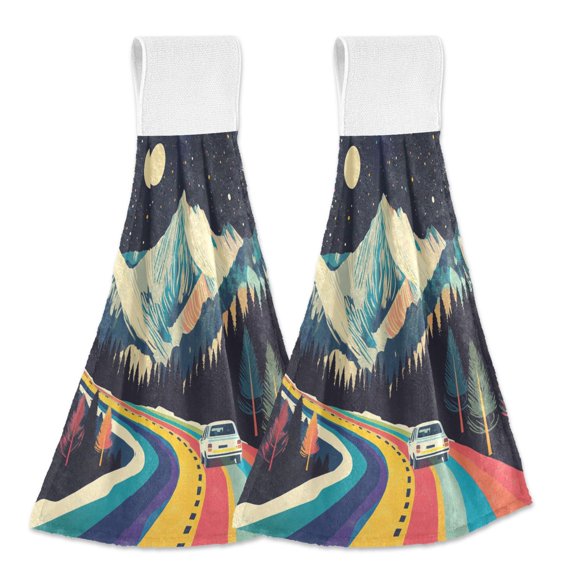 Yayeee Kitchen Hanging Hand Towels Set of 2 with Loop Bathroom Absorbent Tie Towel, Evening Mountain Road