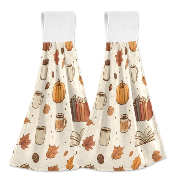 Yayeee Kitchen Hanging Hand Towels Set of 2 with Loop Bathroom Absorbent Tie Towel, Fall Beige Pumpkin