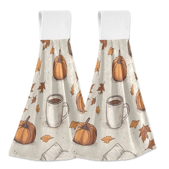 Yayeee Kitchen Hanging Hand Towels Set of 2 with Loop Bathroom Absorbent Tie Towel, Fall Pumpkin Pattern