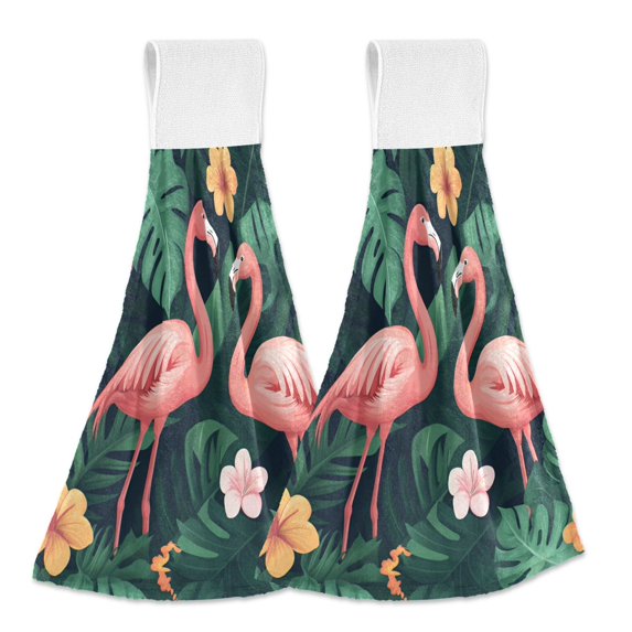 Yayeee Kitchen Hanging Hand Towels Set of 2 with Loop Bathroom Absorbent Tie Towel, Flamingo Leaves Pattern