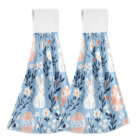 Yayeee Kitchen Hanging Hand Towels Set of 2 with Loop Bathroom Absorbent Tie Towel, Floral Easter Rabbits