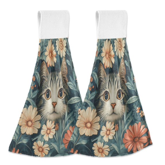 Yayeee Kitchen Hanging Hand Towels Set of 2 with Loop Bathroom Absorbent Tie Towel, Flowers Cat
