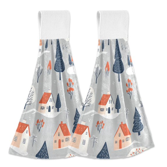 Yayeee Kitchen Hanging Hand Towels Set of 2 with Loop Bathroom Absorbent Tie Towel, Gray Cartoon Houses