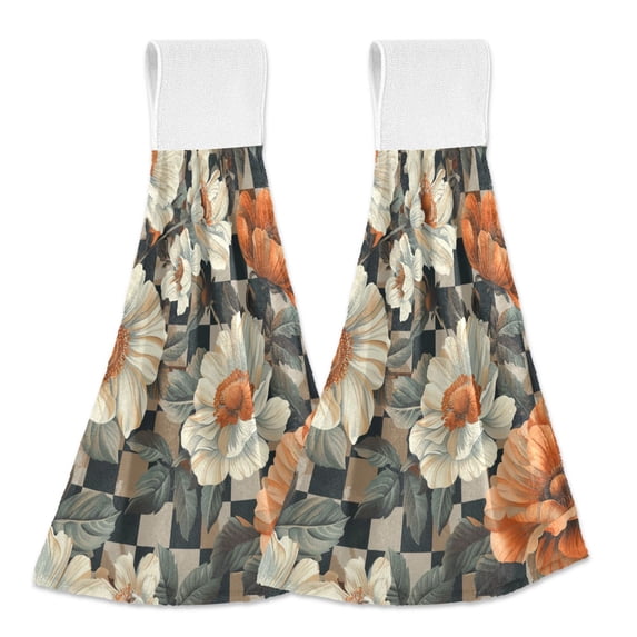 Yayeee Kitchen Hanging Hand Towels Set of 2 with Loop Bathroom Absorbent Tie Towel, Gray Floral Pattern